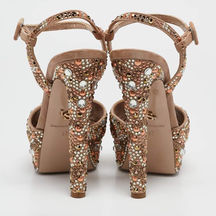 Pre Owned Le Silla Beige Suede Crystal Embellished Platform Ankle Strap Sandals Size 37