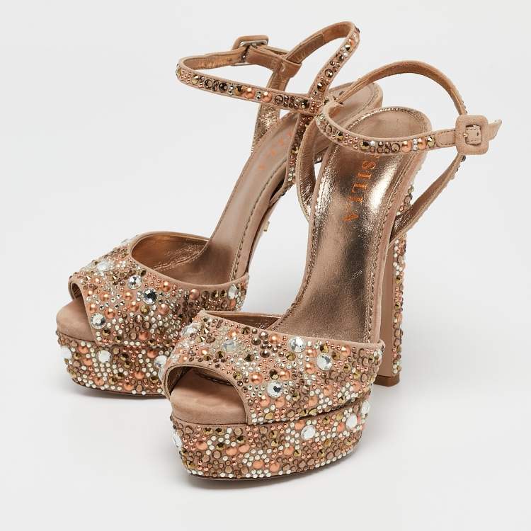 Pre Owned Le Silla Beige Suede Crystal Embellished Platform Ankle Strap Sandals Size 37