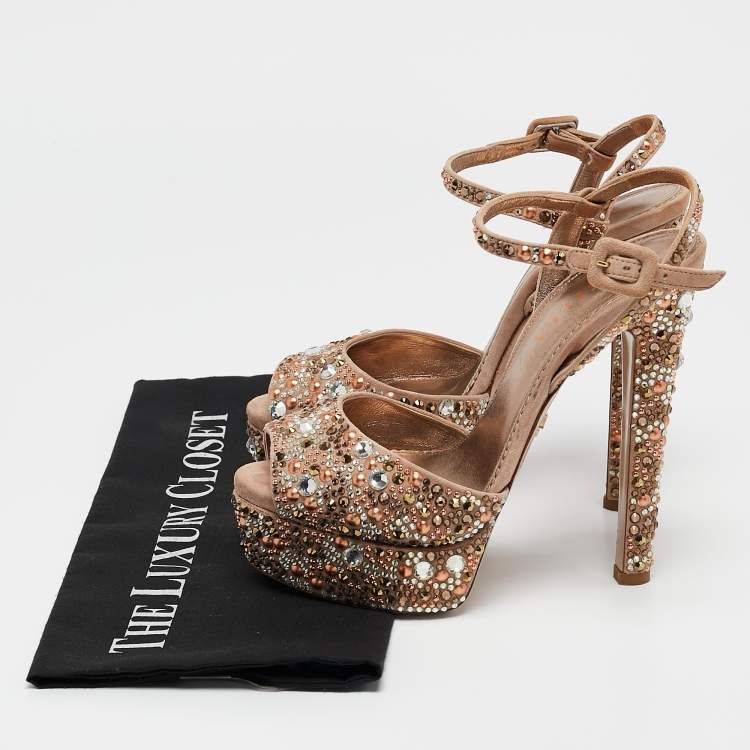 Pre Owned Le Silla Beige Suede Crystal Embellished Platform Ankle Strap Sandals Size 37