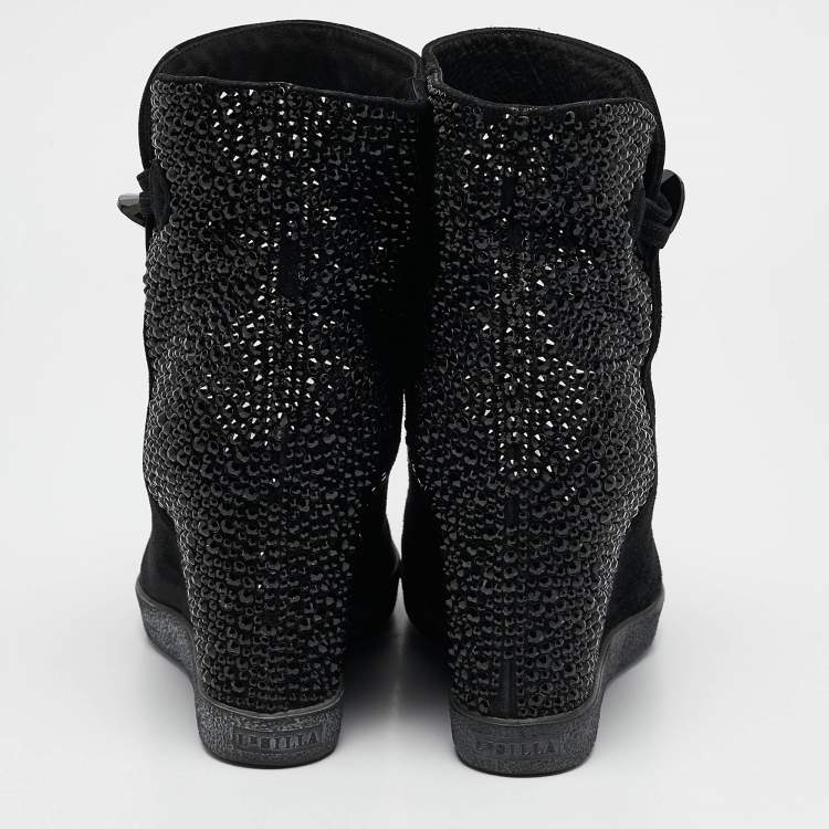Pre Owned Le Silla Black Suede Crystal Embellished Wedge Ankle Length Boots Size 37