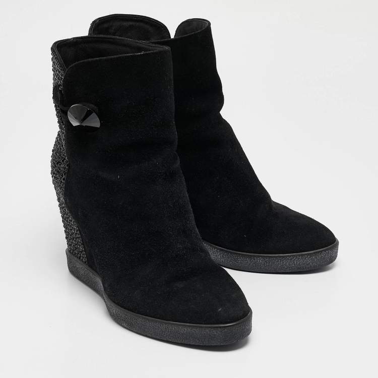 Pre Owned Le Silla Black Suede Crystal Embellished Wedge Ankle Length Boots Size 37