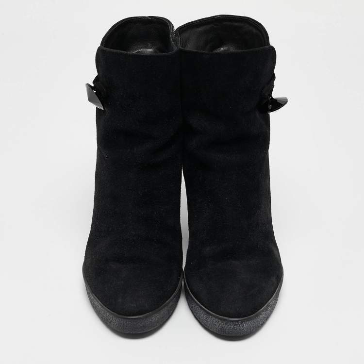 Pre Owned Le Silla Black Suede Crystal Embellished Wedge Ankle Length Boots Size 37