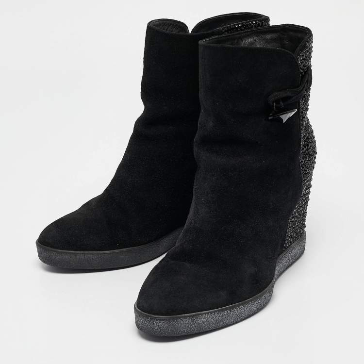 Pre Owned Le Silla Black Suede Crystal Embellished Wedge Ankle Length Boots Size 37