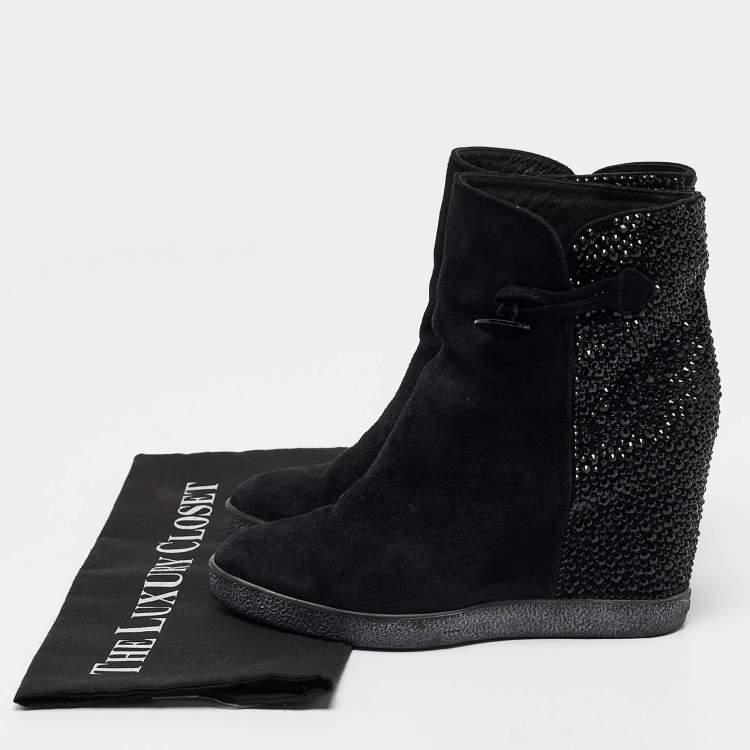 Pre Owned Le Silla Black Suede Crystal Embellished Wedge Ankle Length Boots Size 37