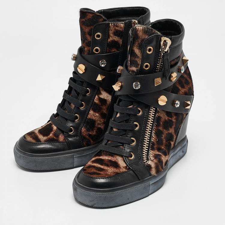 Pre Owned Le Silla Brown/Black Calf Leather and Leather Wedge Sneakers Size 36