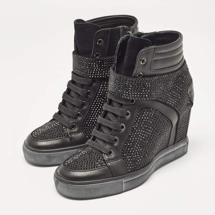 Pre Owned Le Silla Black Crystals and Leather Wedge Sneakers Size 36