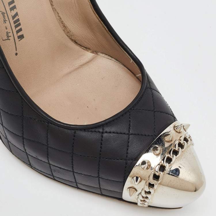 Pre Owned Le Silla Black Quilted Leather Metal Cap Toe Platform Pumps Size 38