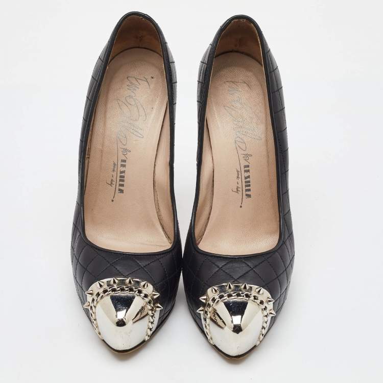 Pre Owned Le Silla Black Quilted Leather Metal Cap Toe Platform Pumps Size 38