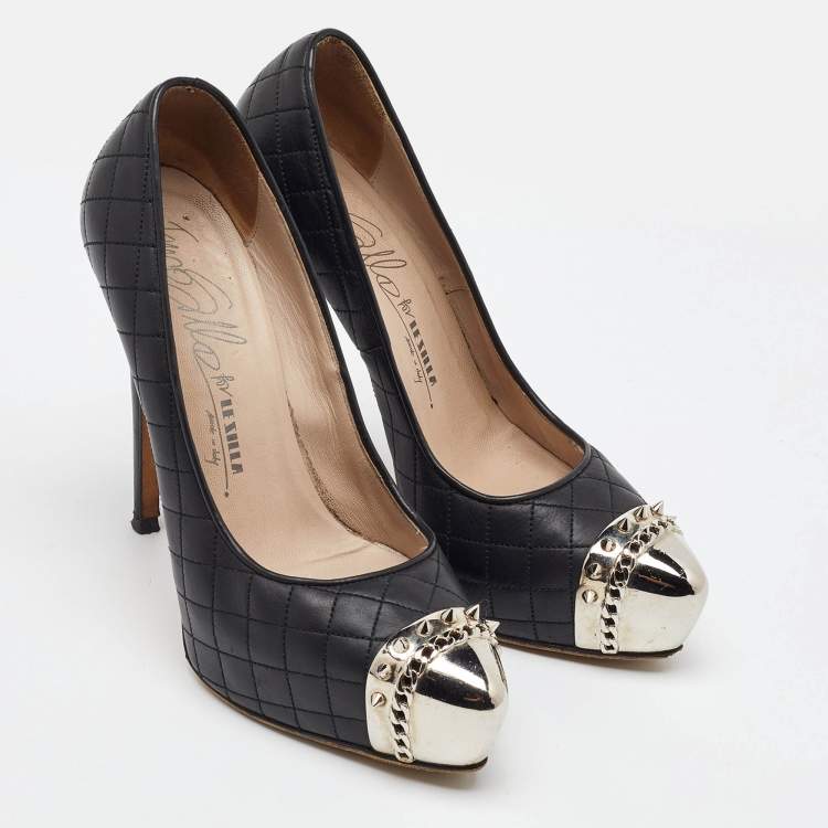 Pre Owned Le Silla Black Quilted Leather Metal Cap Toe Platform Pumps Size 38