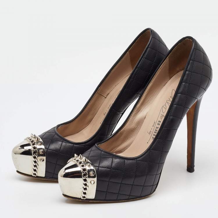 Pre Owned Le Silla Black Quilted Leather Metal Cap Toe Platform Pumps Size 38