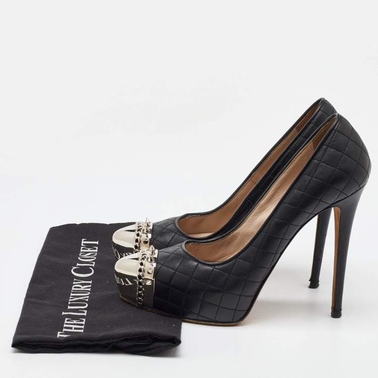 Pre Owned Le Silla Black Quilted Leather Metal Cap Toe Platform Pumps Size 38