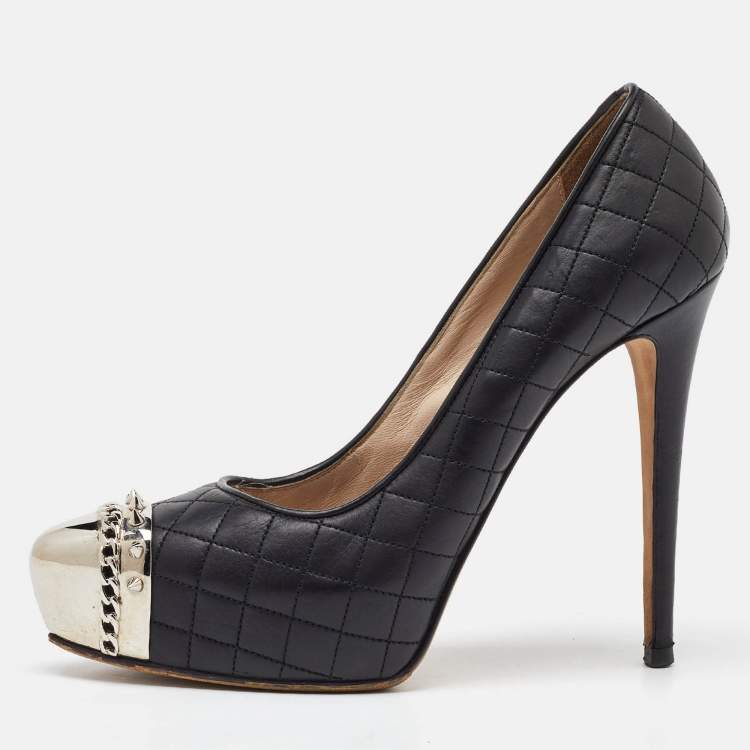 Pre Owned Le Silla Black Quilted Leather Metal Cap Toe Platform Pumps Size 38