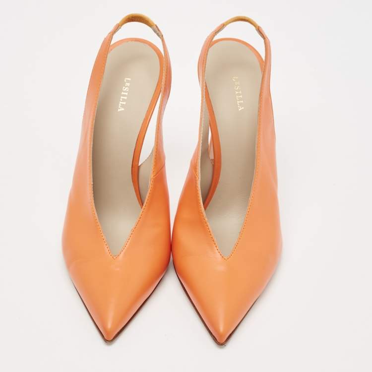 Pre Owned Le Silla Orange Leather Slingback Pumps Size 38