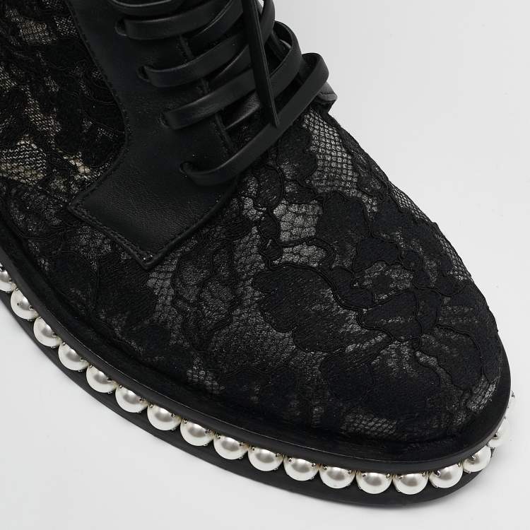 Pre Owned Le Silla Black Lace and Leather Pearl Embellished Combat Boots Size 37