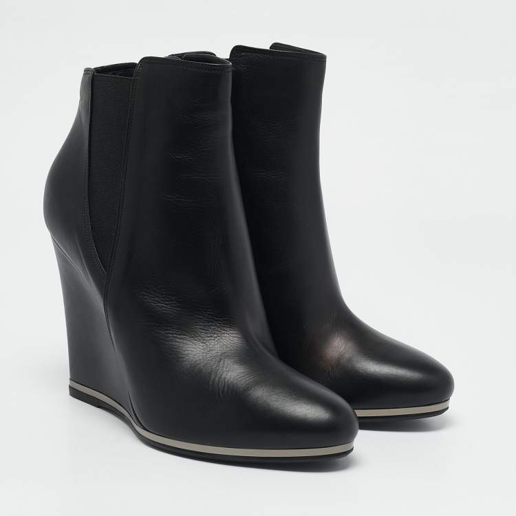 Pre Owned Le Silla Black Leather Wedge Ankle Boots Size 39