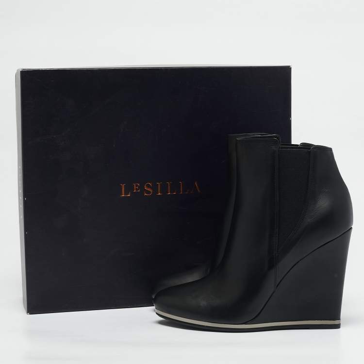 Pre Owned Le Silla Black Leather Wedge Ankle Boots Size 39