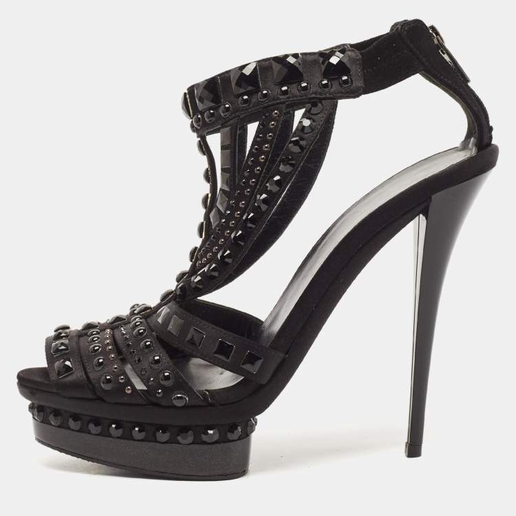 Pre Owned Le Silla Black Satin Crystal Embellished Platform Sandals Size 38