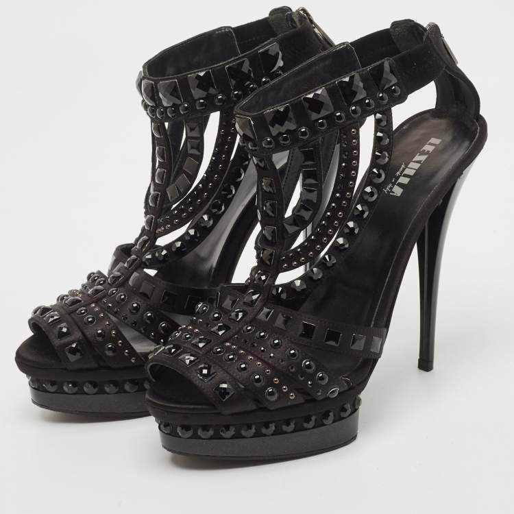 Pre Owned Le Silla Black Satin Crystal Embellished Platform Sandals Size 38