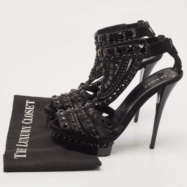 Pre Owned Le Silla Black Satin Crystal Embellished Platform Sandals Size 38