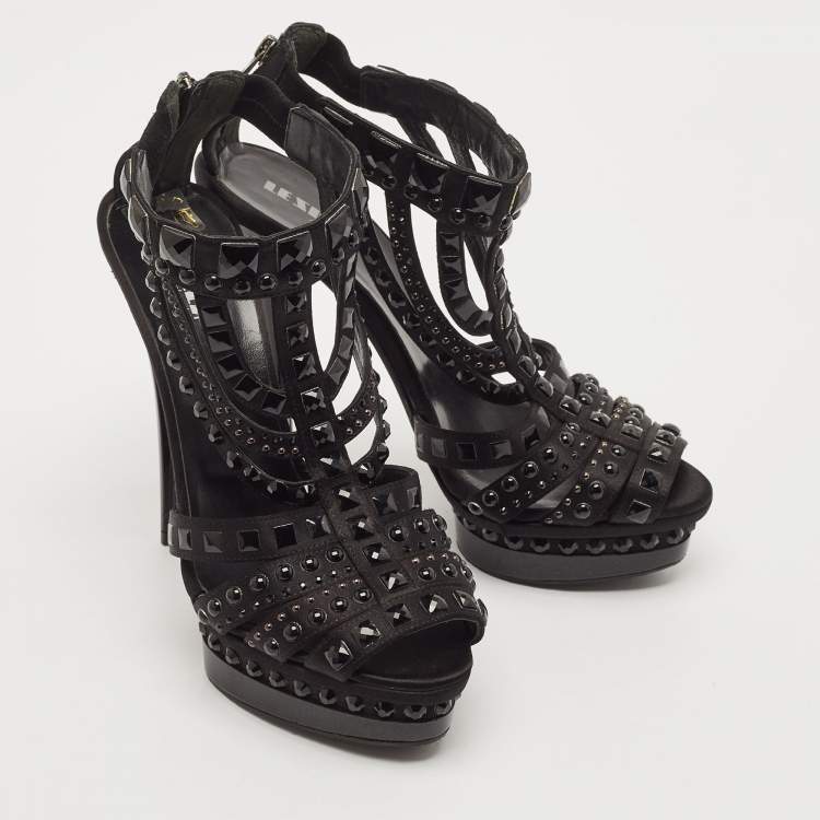 Pre Owned Le Silla Black Satin Crystal Embellished Platform Sandals Size 38
