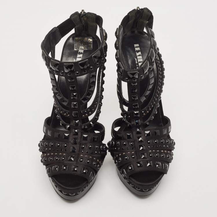 Pre Owned Le Silla Black Satin Crystal Embellished Platform Sandals Size 38