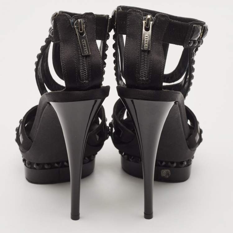 Pre Owned Le Silla Black Satin Crystal Embellished Platform Sandals Size 38