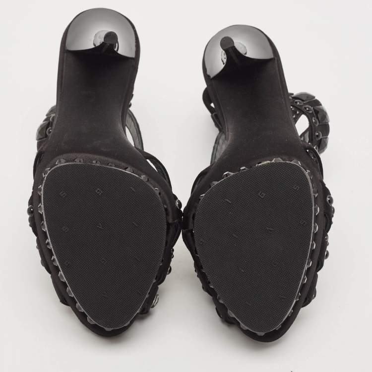Pre Owned Le Silla Black Satin Crystal Embellished Platform Sandals Size 38