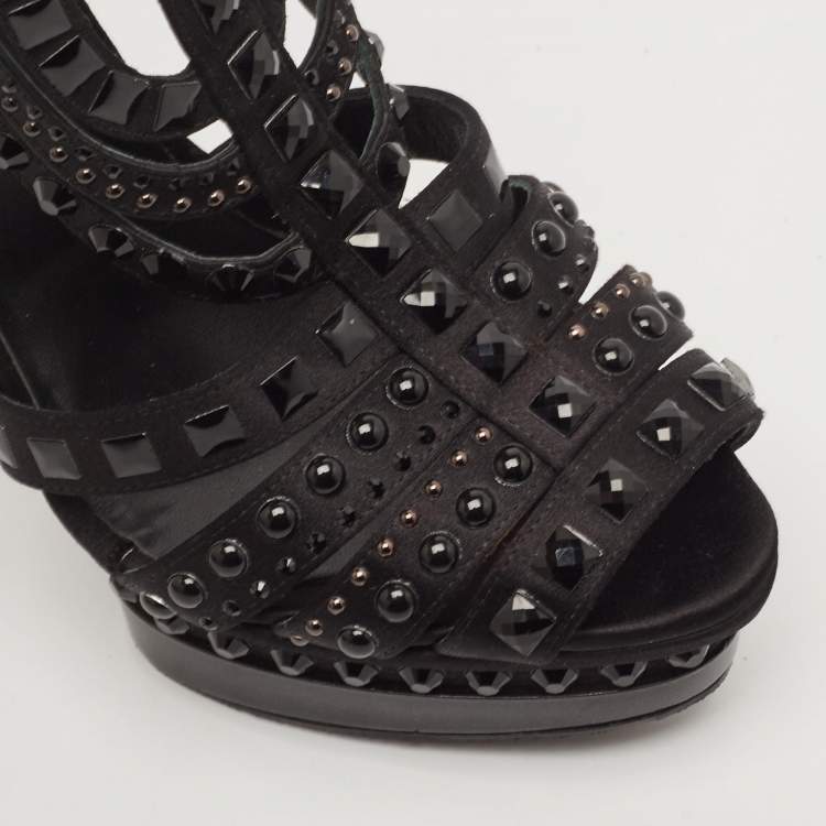 Pre Owned Le Silla Black Satin Crystal Embellished Platform Sandals Size 38