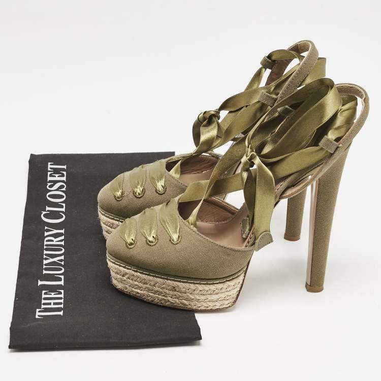 Pre Owned Le Silla Green Canvas Platform Ankle Tie Pumps Size 36