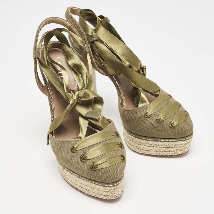 Pre Owned Le Silla Green Canvas Platform Ankle Tie Pumps Size 36