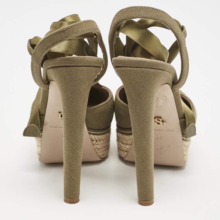 Pre Owned Le Silla Green Canvas Platform Ankle Tie Pumps Size 36