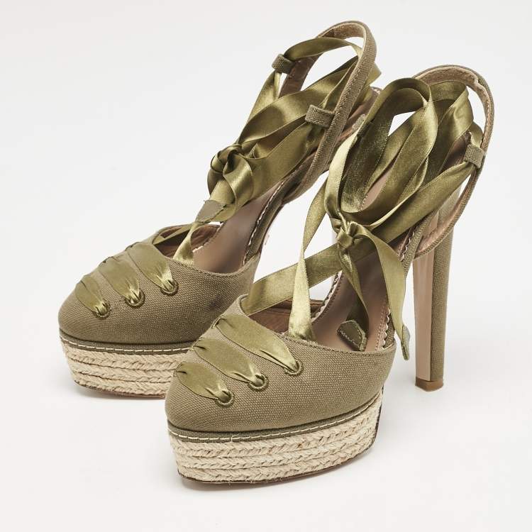Pre Owned Le Silla Green Canvas Platform Ankle Tie Pumps Size 36