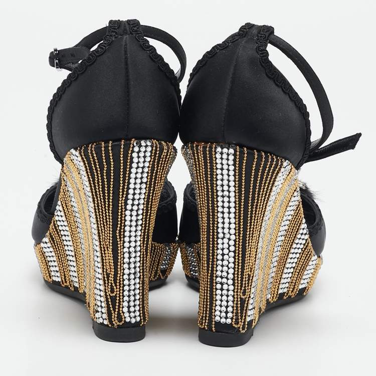 Pre Owned Le Silla Black Satin Embellished Ankle Strap Sandals Size 36
