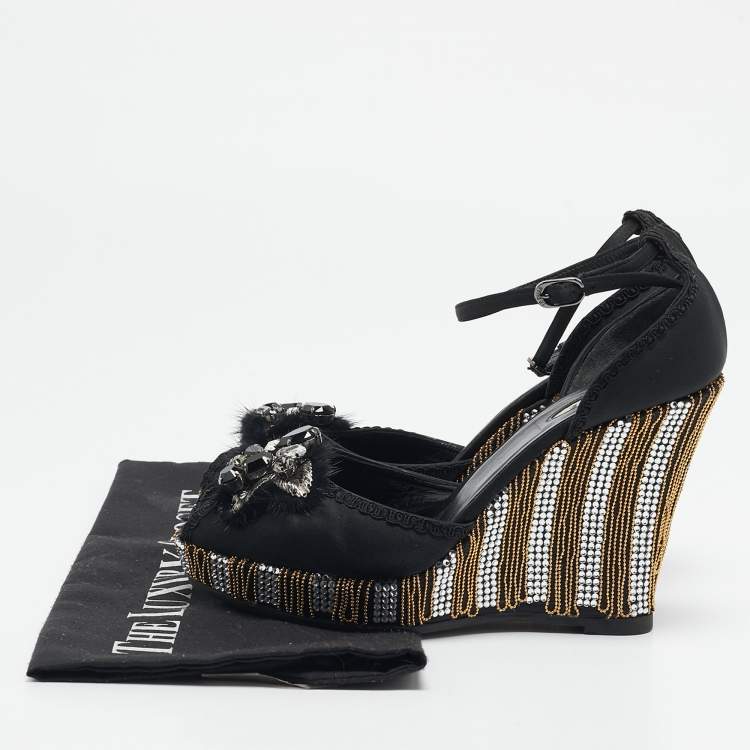 Pre Owned Le Silla Black Satin Embellished Ankle Strap Sandals Size 36