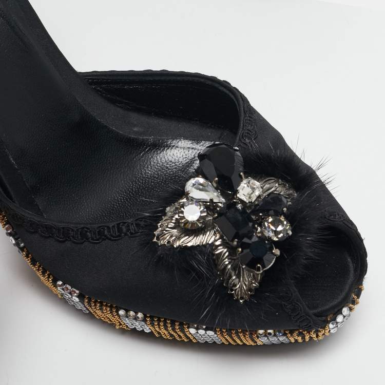 Pre Owned Le Silla Black Satin Embellished Ankle Strap Sandals Size 36