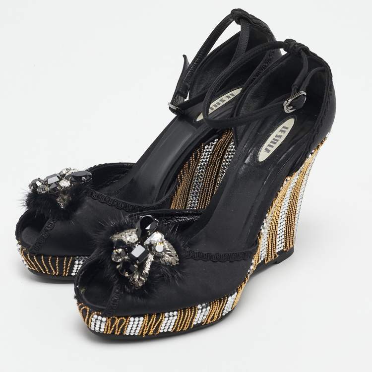 Pre Owned Le Silla Black Satin Embellished Ankle Strap Sandals Size 36