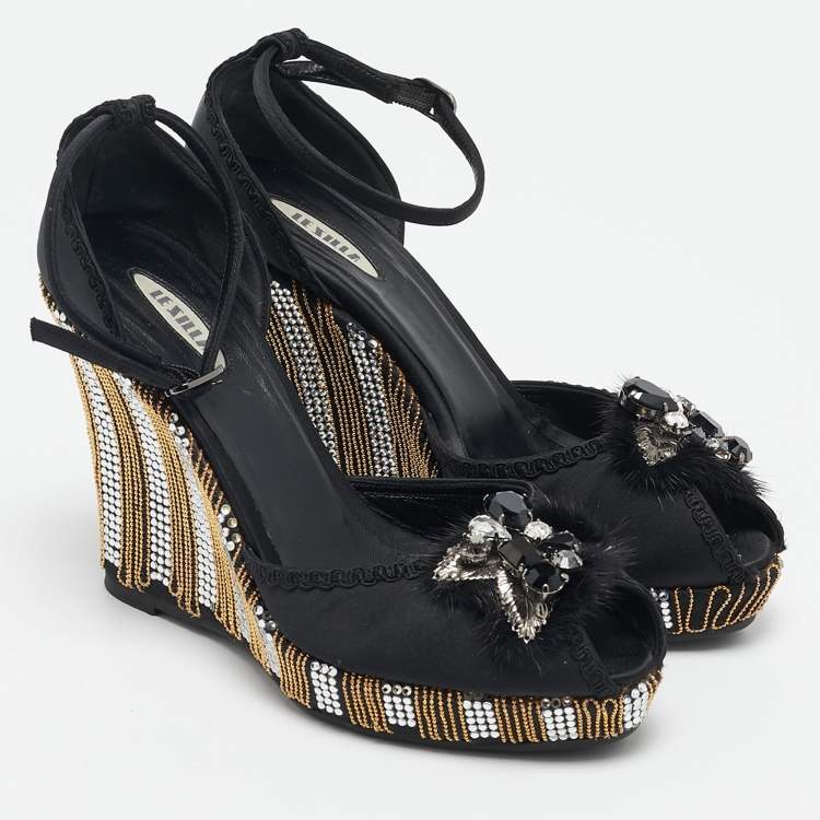 Pre Owned Le Silla Black Satin Embellished Ankle Strap Sandals Size 36