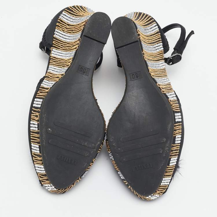 Pre Owned Le Silla Black Satin Embellished Ankle Strap Sandals Size 36