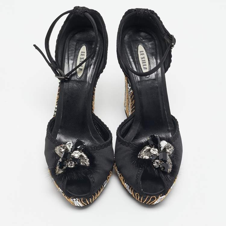 Pre Owned Le Silla Black Satin Embellished Ankle Strap Sandals Size 36