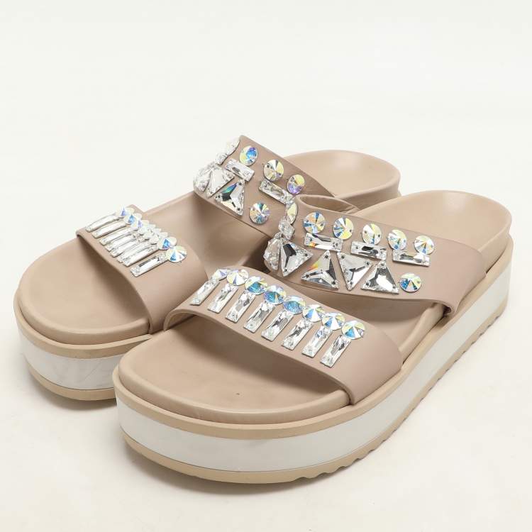 Pre Owned Le Silla Beige Leather Crystal Embellished Platform Sandals Size 37