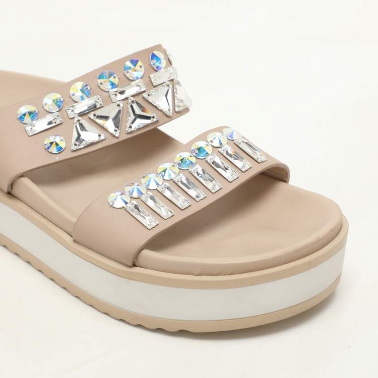 Pre Owned Le Silla Beige Leather Crystal Embellished Platform Sandals Size 37