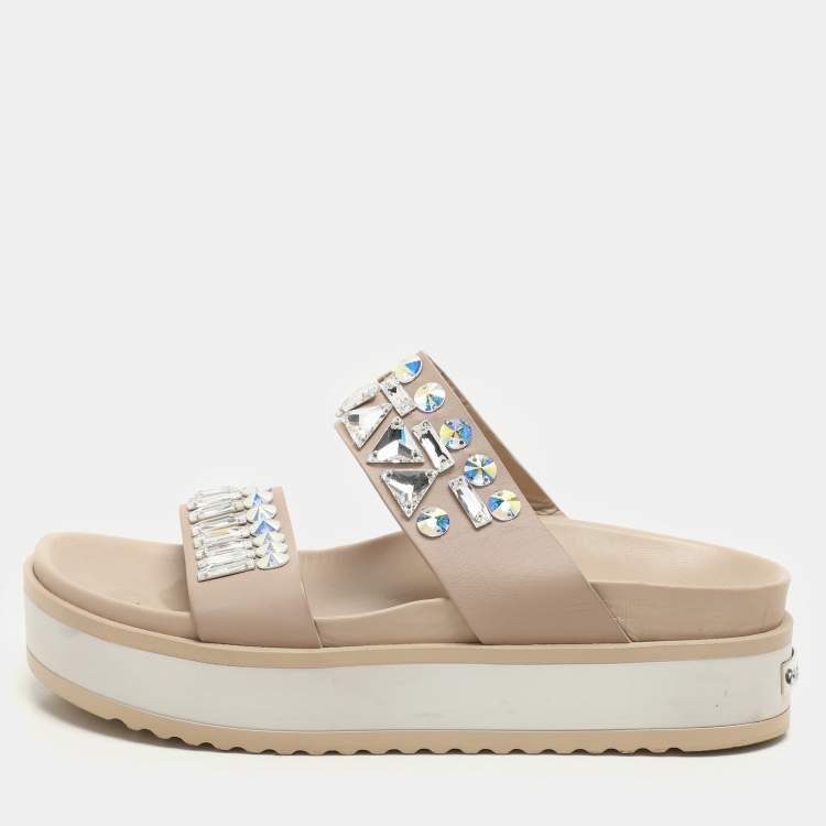 Pre Owned Le Silla Beige Leather Crystal Embellished Platform Sandals Size 37