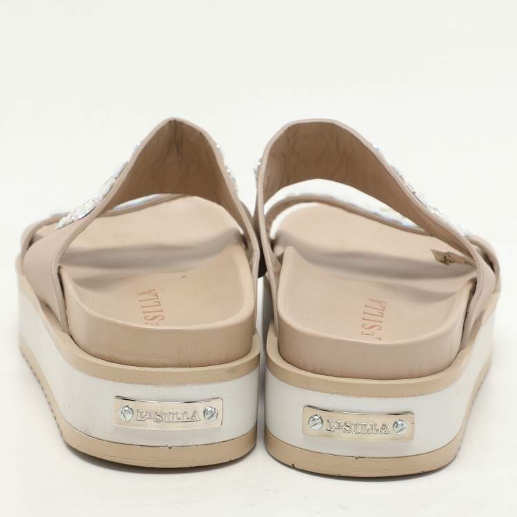 Pre Owned Le Silla Beige Leather Crystal Embellished Platform Sandals Size 37