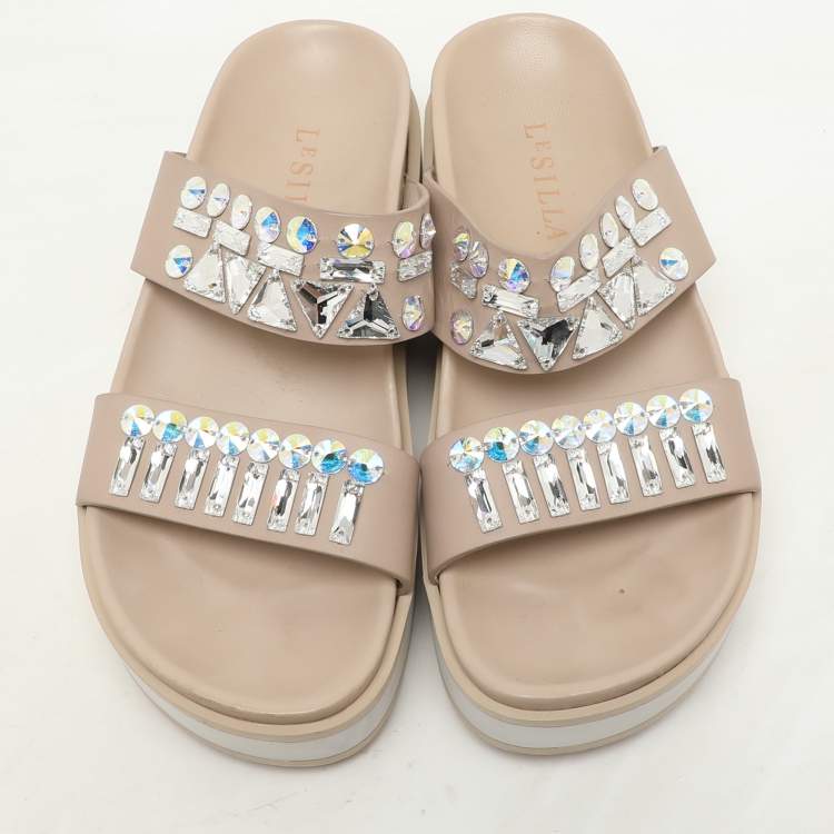 Pre Owned Le Silla Beige Leather Crystal Embellished Platform Sandals Size 37