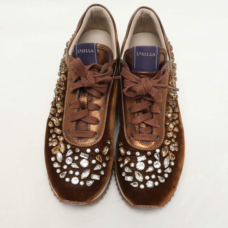 Pre Owned Le Silla Bronze Leather and Velvet Crystal Embellished Low Top Sneakers Size 36