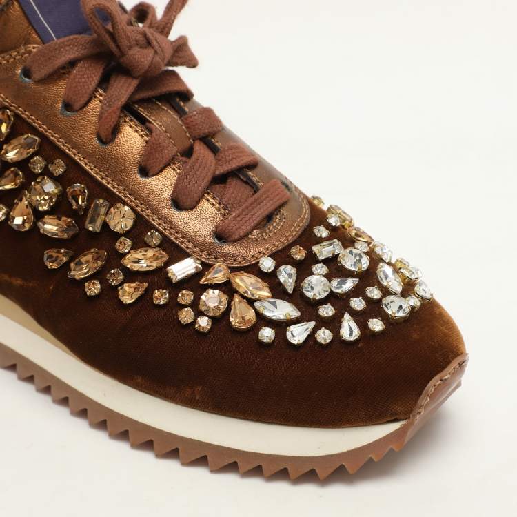 Pre Owned Le Silla Bronze Leather and Velvet Crystal Embellished Low Top Sneakers Size 36