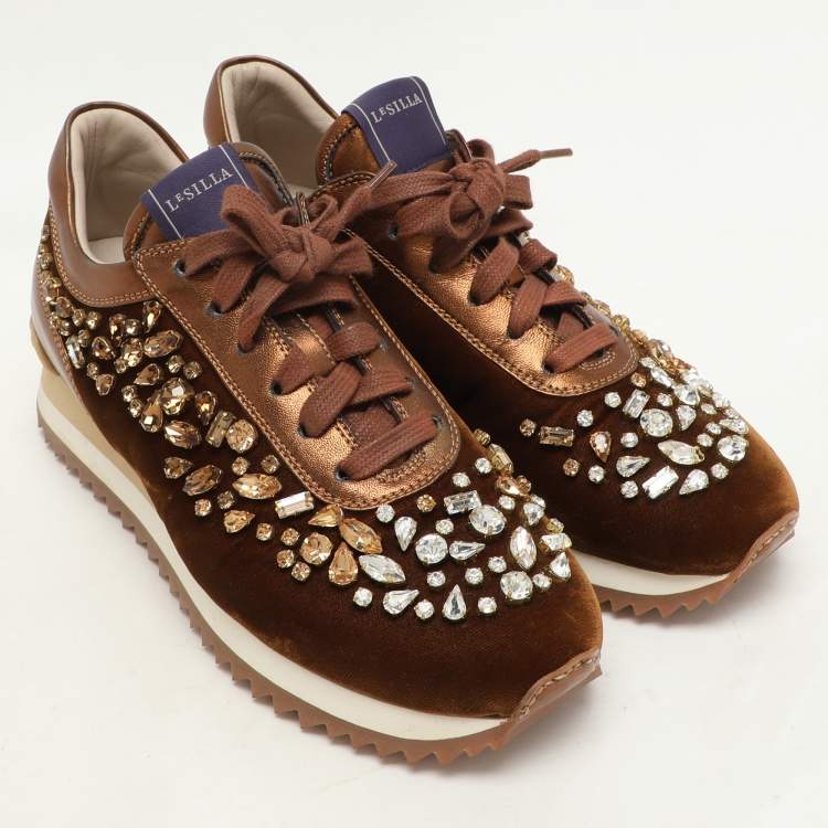 Pre Owned Le Silla Bronze Leather and Velvet Crystal Embellished Low Top Sneakers Size 36