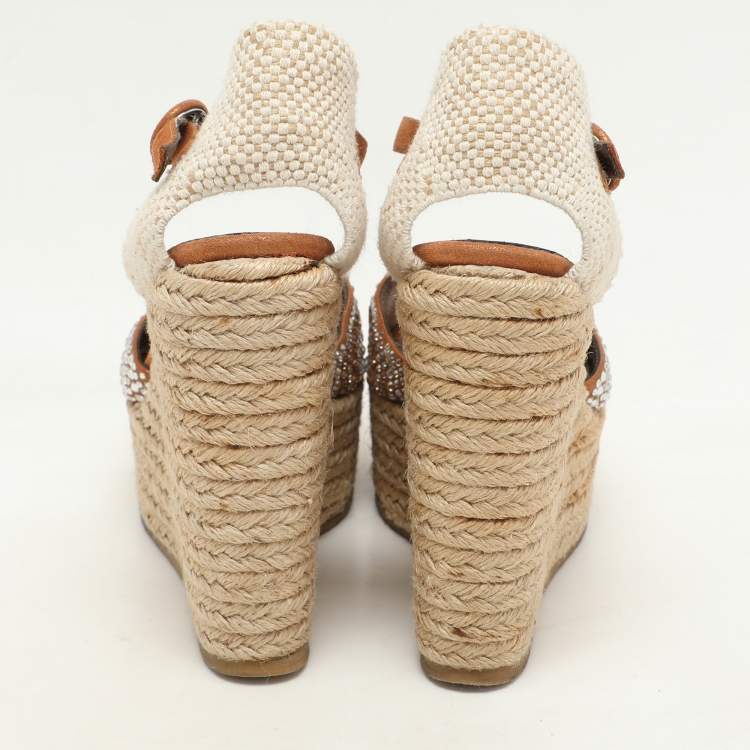Pre Owned Le Silla Brown/Beige Canvas and Suede Crystal Embellished Wedge Sandals Size 37