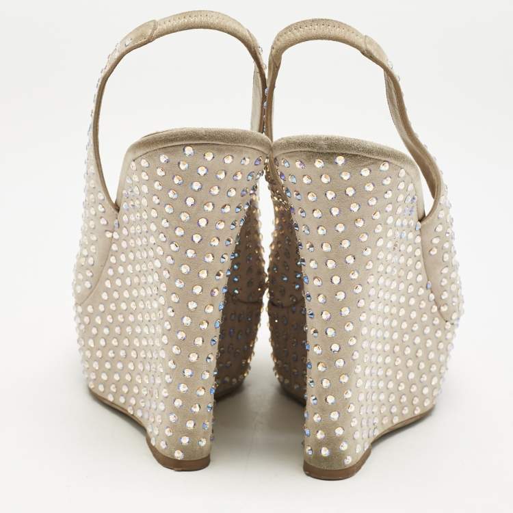 Pre Owned Le Silla Beige Suede Crystal Embellished Wedge Sandals Size 38