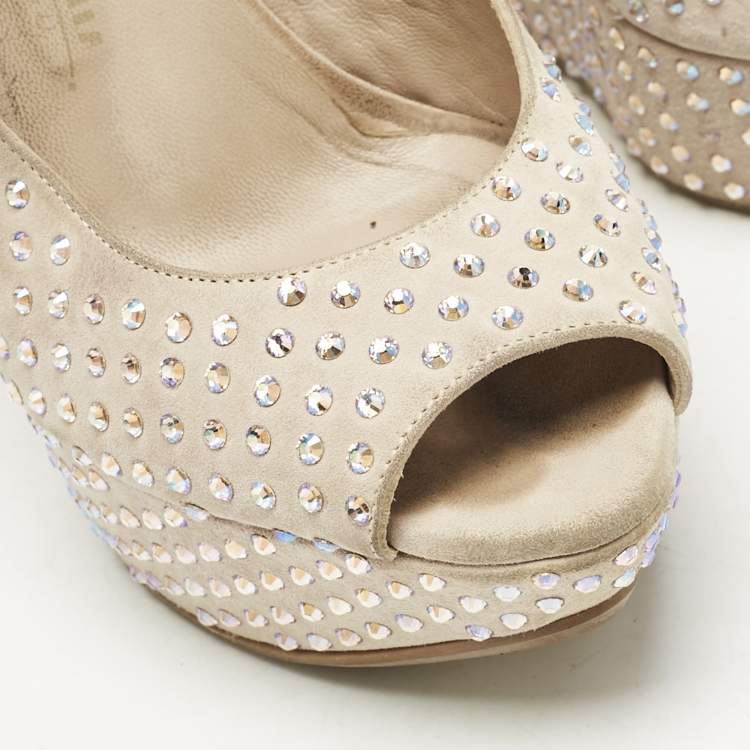 Pre Owned Le Silla Beige Suede Crystal Embellished Wedge Sandals Size 38